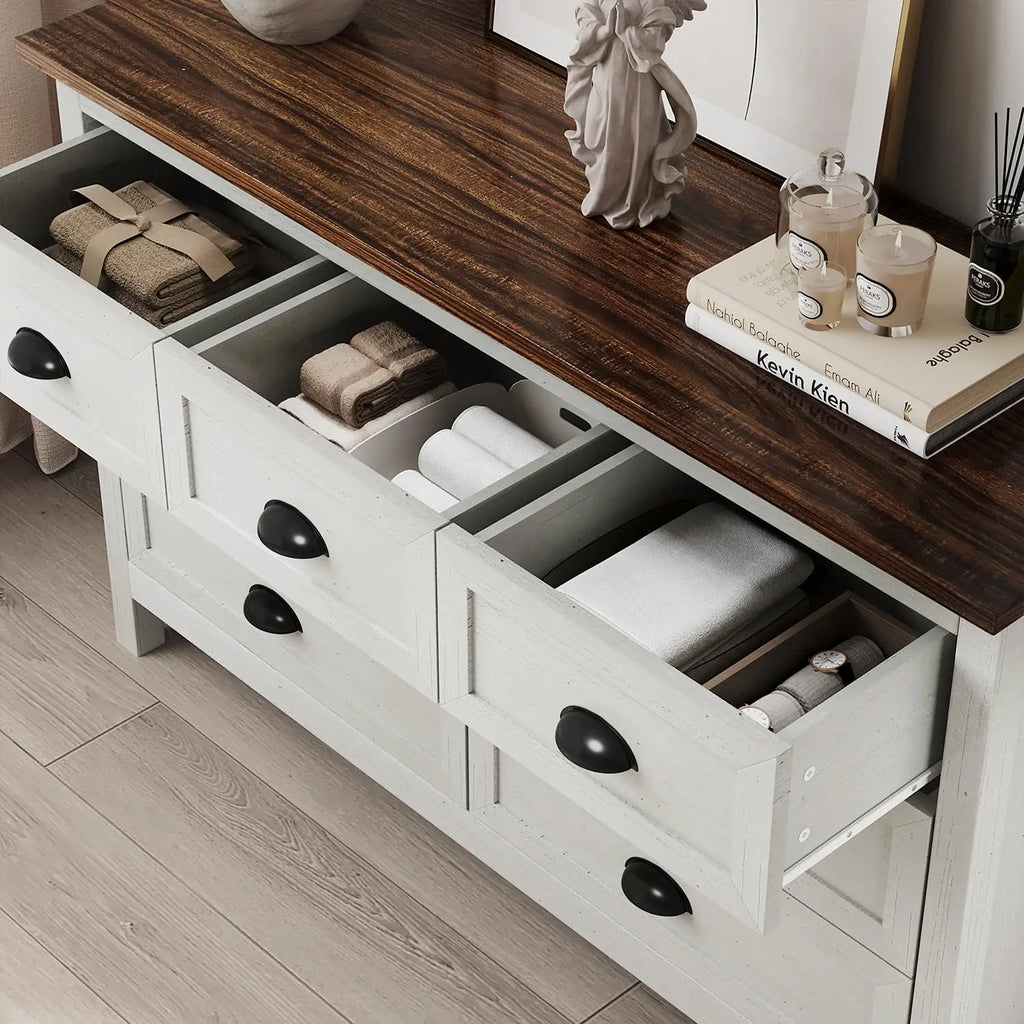 Farmhouse Style 7-Drawer Dresser; Black Drawer Pulls