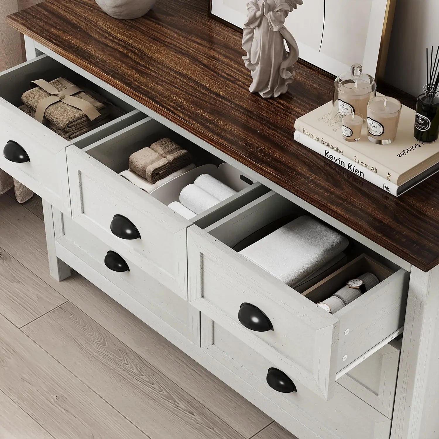 Farmhouse Style 7-Drawer Dresser; Black Drawer Pulls