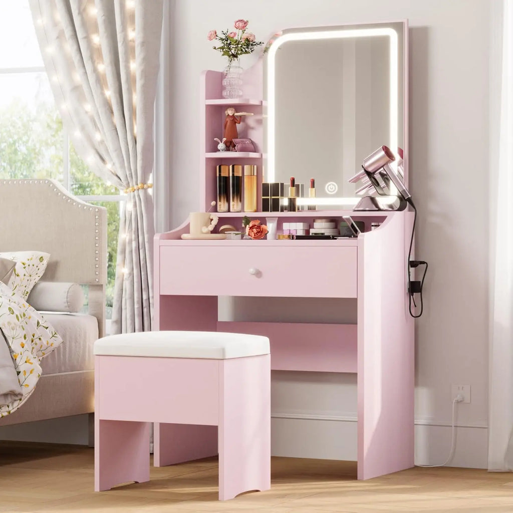 Pink Vanity/Desk: Mirror, Lights, Drawer, Bench Seat, 3 Shelves,