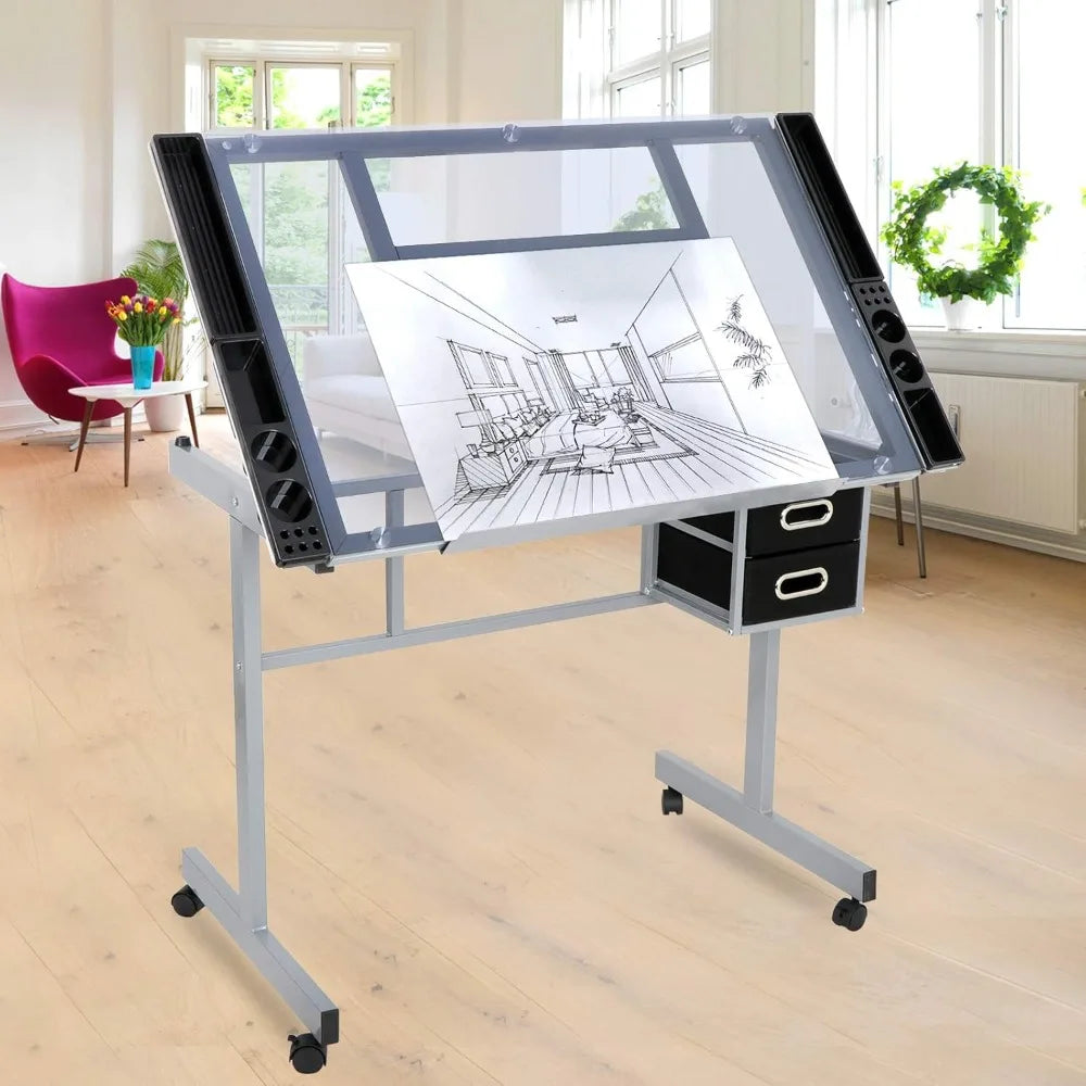 Glass Top Rolling Workstation for Arts, Crafts, Drafting