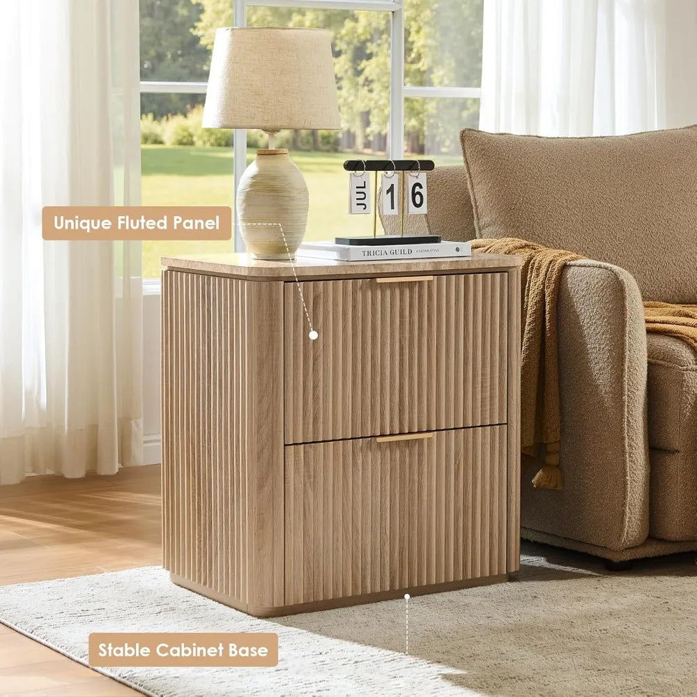 Curved Solid Wood Nightstand/End Table, Faux Marble Top