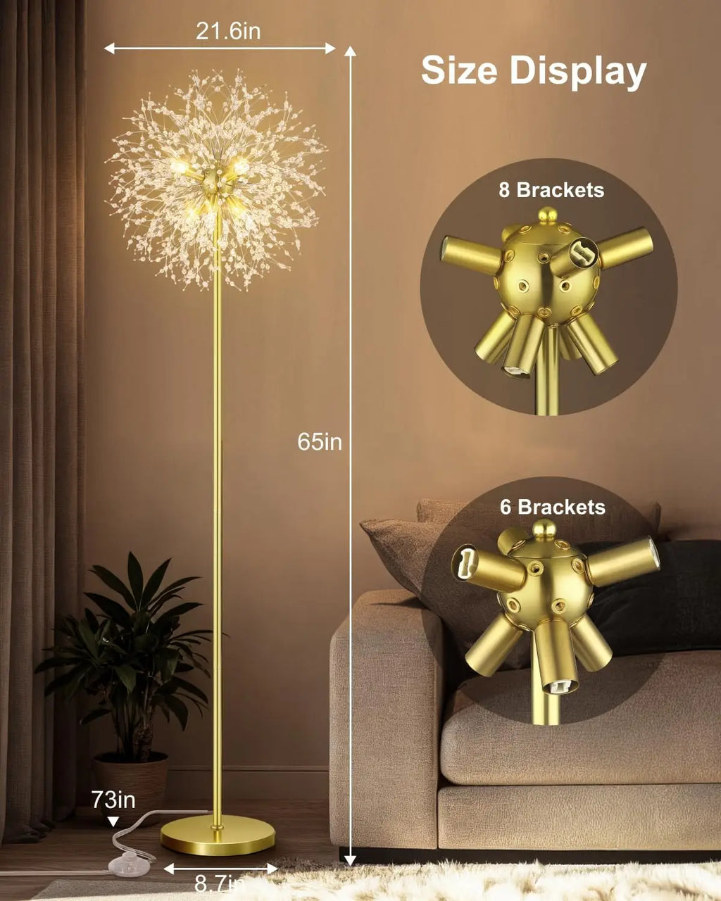 Mid Century Gold Crystals Floor Lamp with Foot Switch