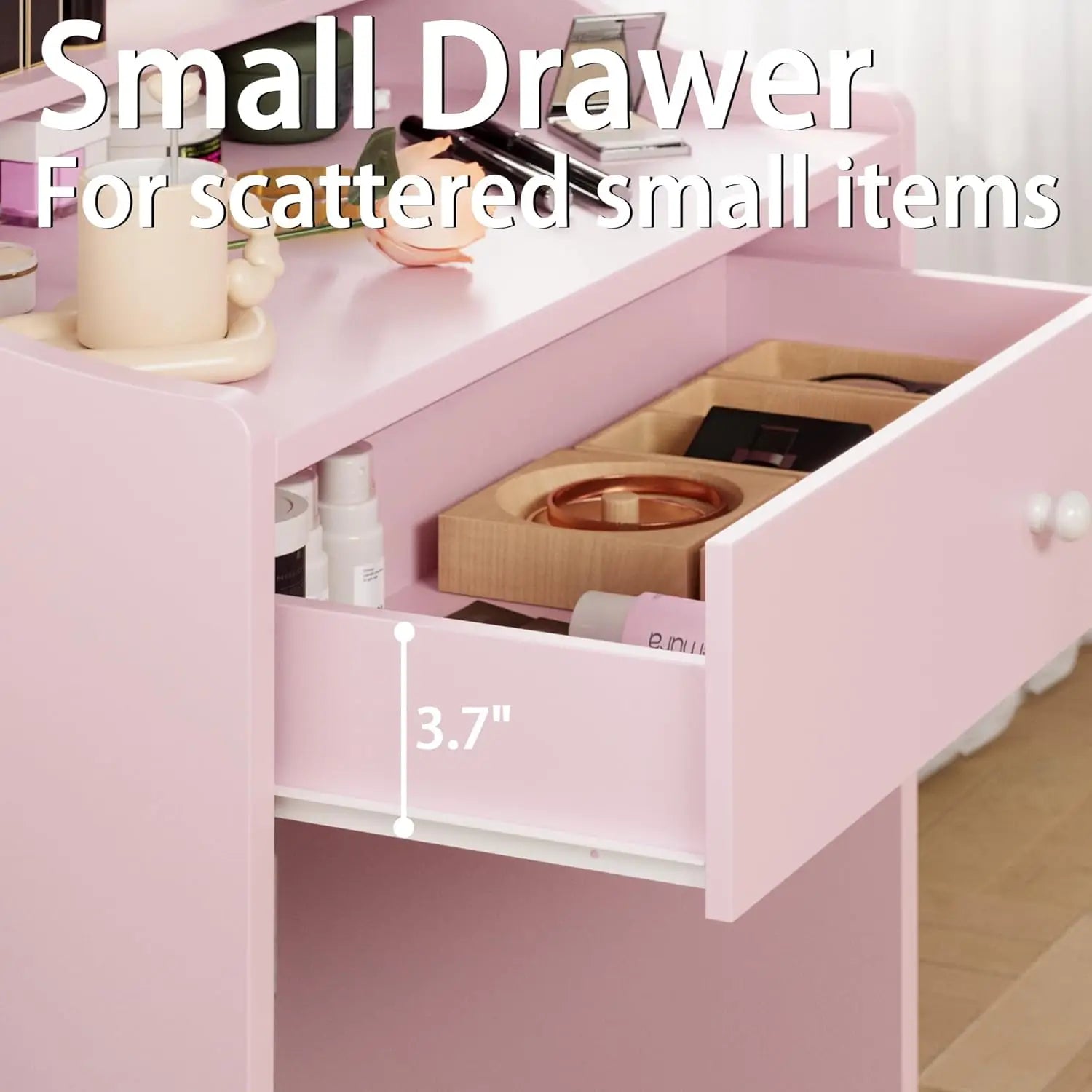 Pink Vanity/Desk: Mirror, Lights, Drawer, Bench Seat, 3 Shelves,