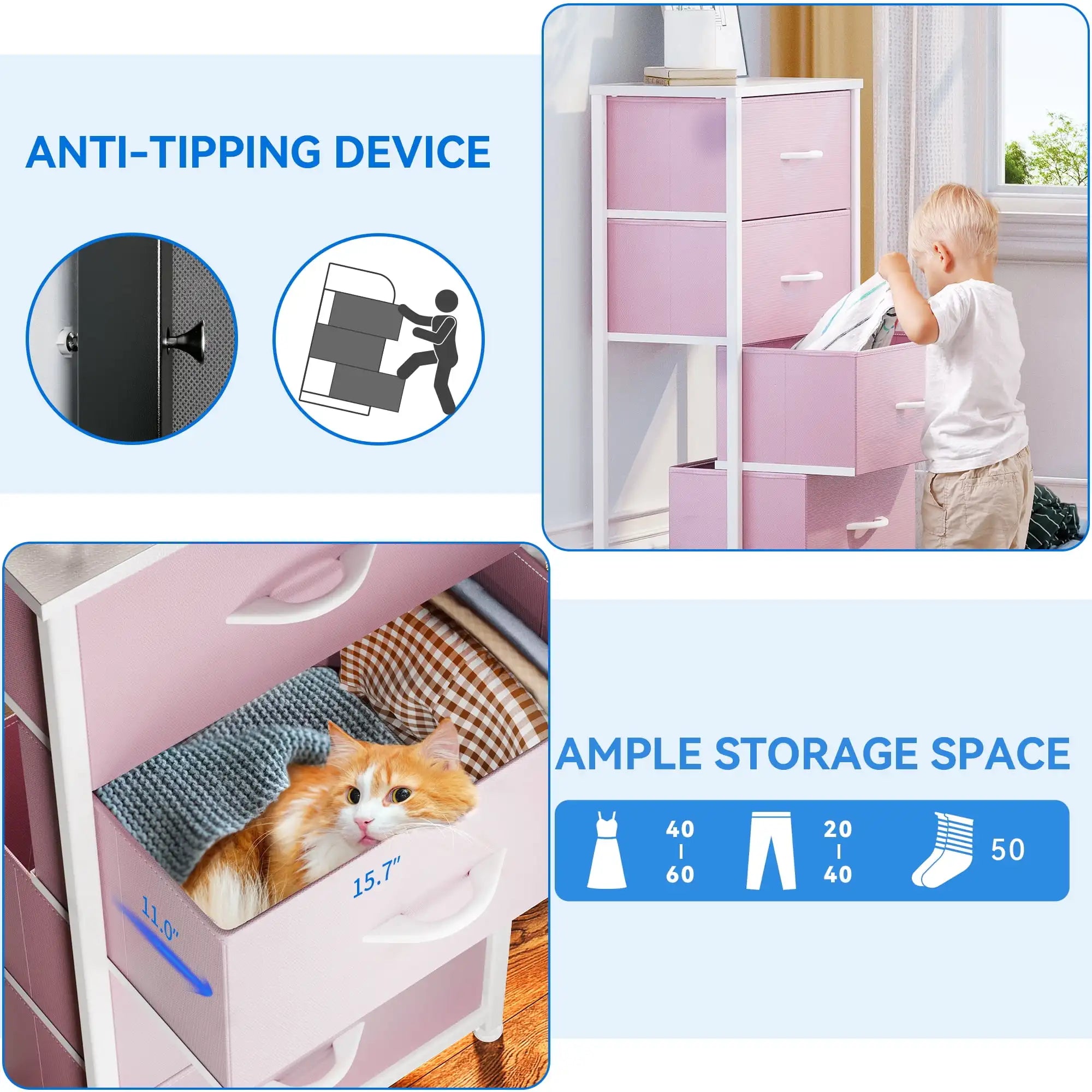 Sturdy Organizer, Durable Fabric Drawers, Steel Frame; Wood Top