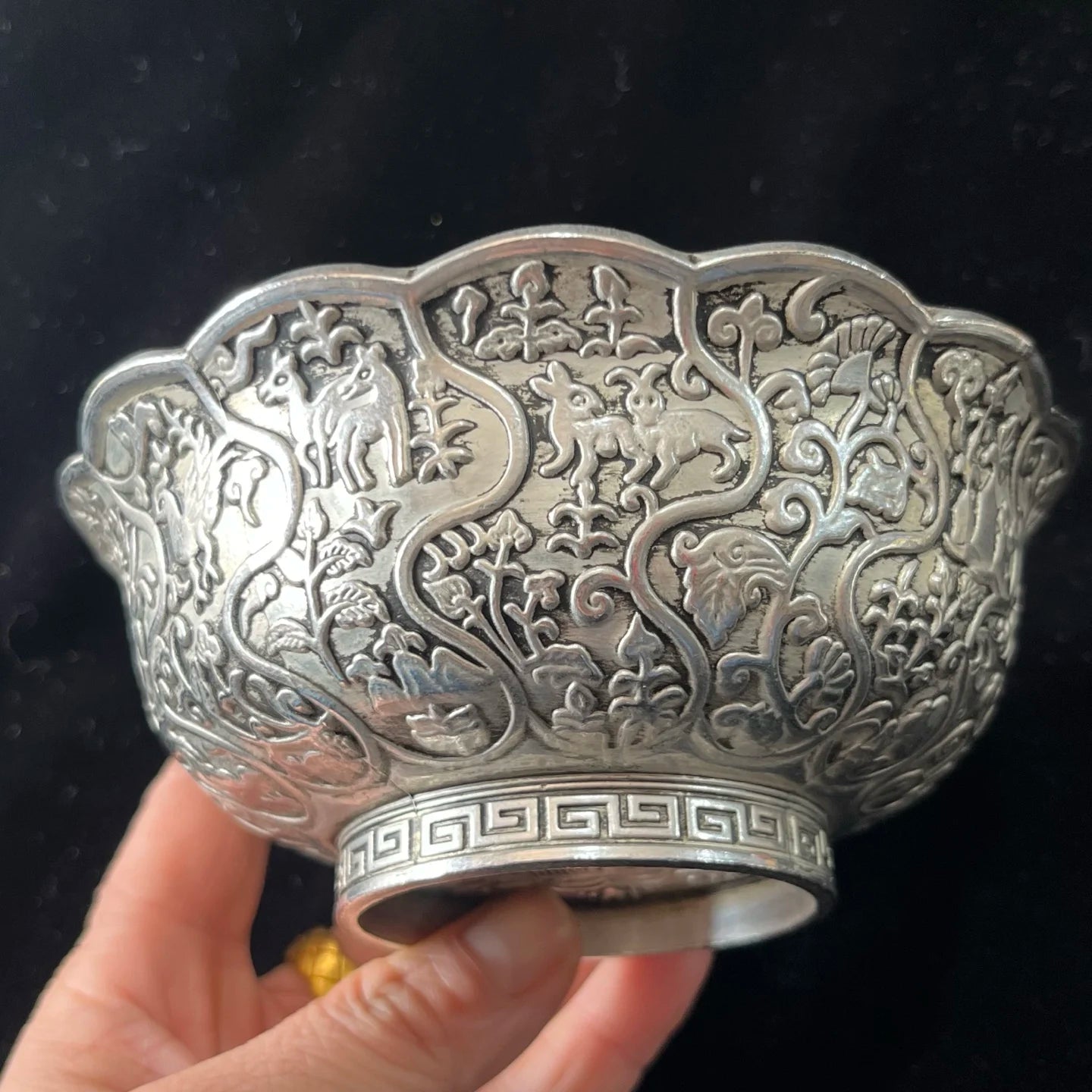 Tibetan Silver Lace Bowl embossed flower/Animals pattern