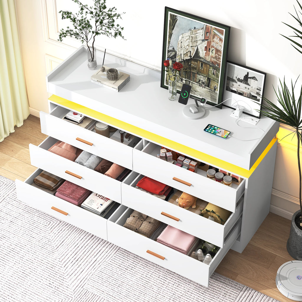 Modern Dresser with 6 Wide Drawers, Gold Hardware, LED Lights