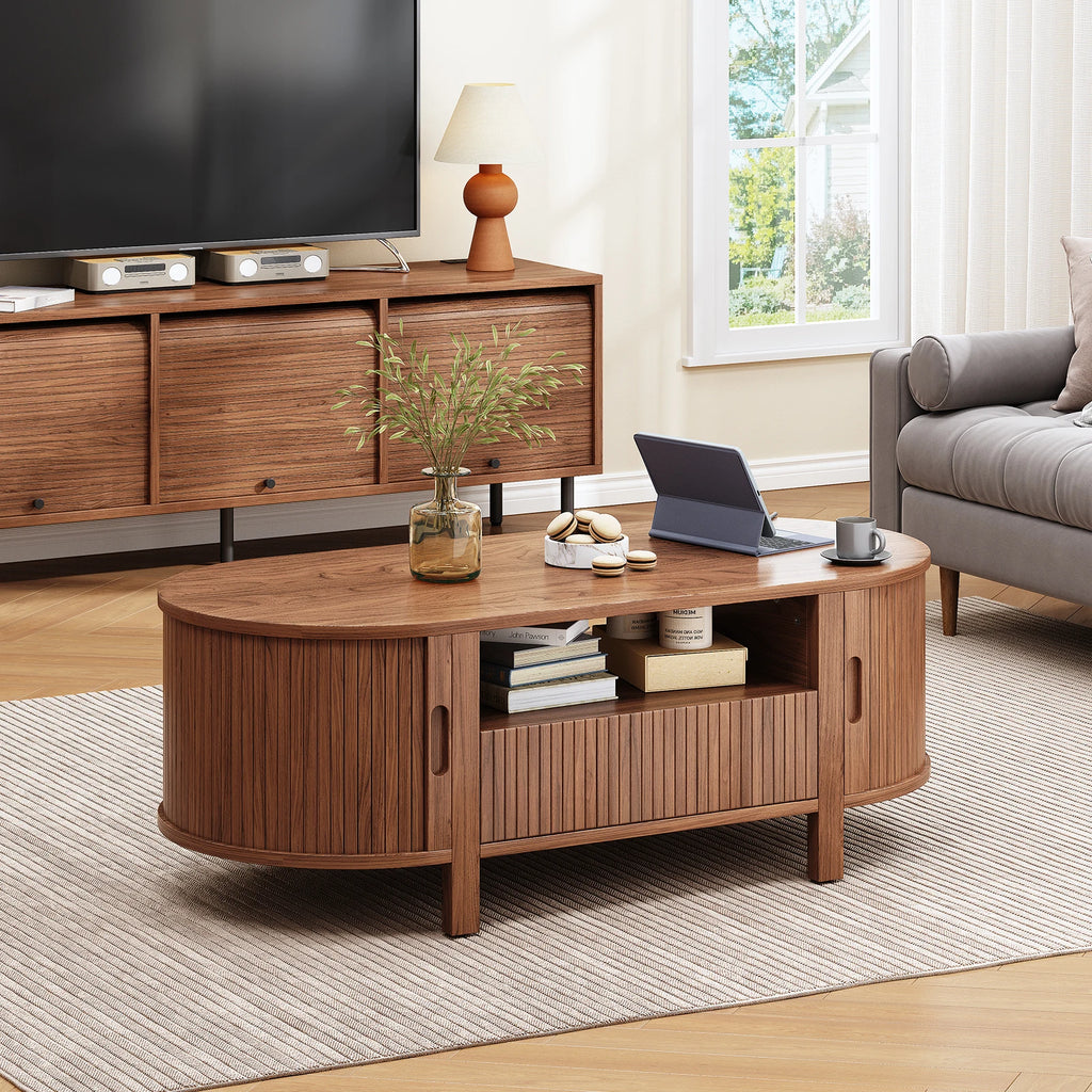 Mid-Century Oval  47" Fluted Coffee Table, 2 Colors
