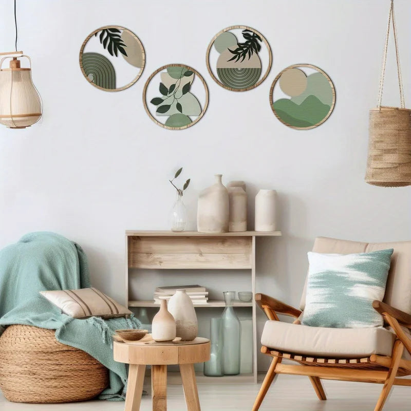 4 Bohemian Wall Art Set - Wooden Farmhouse Aesthetic