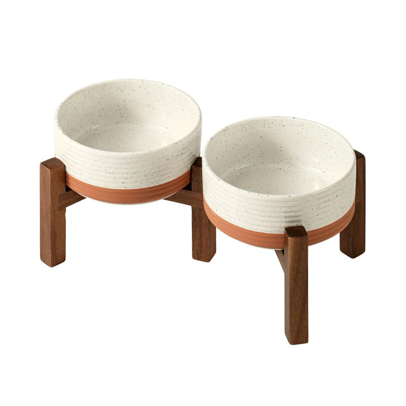 Large Ceramic Double Elevated Bowls, Wooden Stand