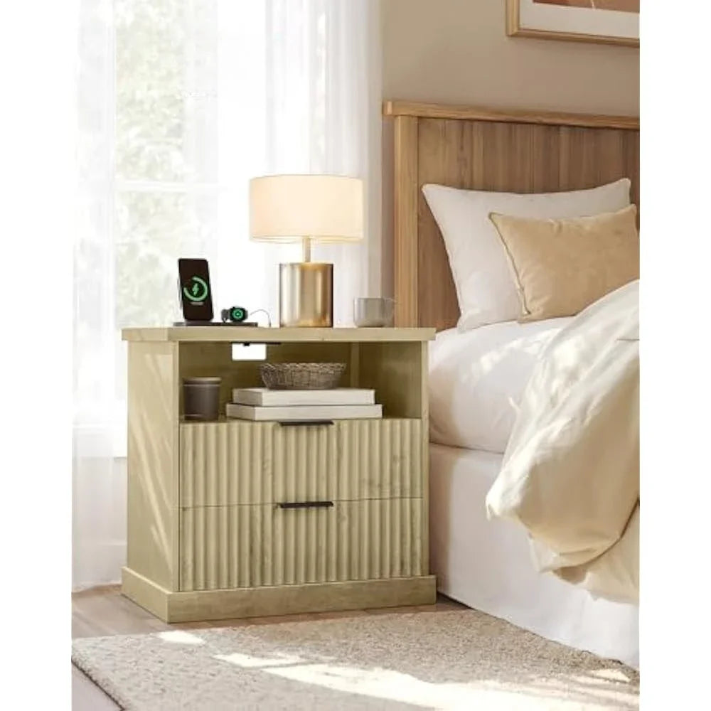 Fluted 2-Drawer Nightstand, AC Outlets, USB Ports; Set of 2